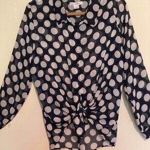 Liz Claiborne Sheer Navy with White Polka Dots Blouse